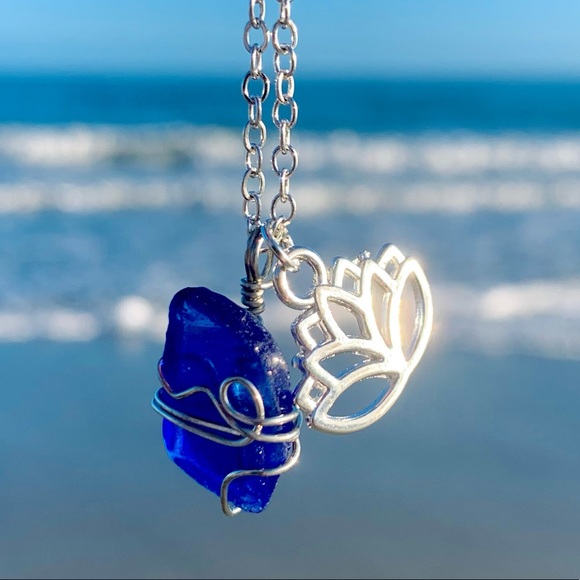 Hand Crafted Jewelry - Cobalt Lotus Seaglass Necklace